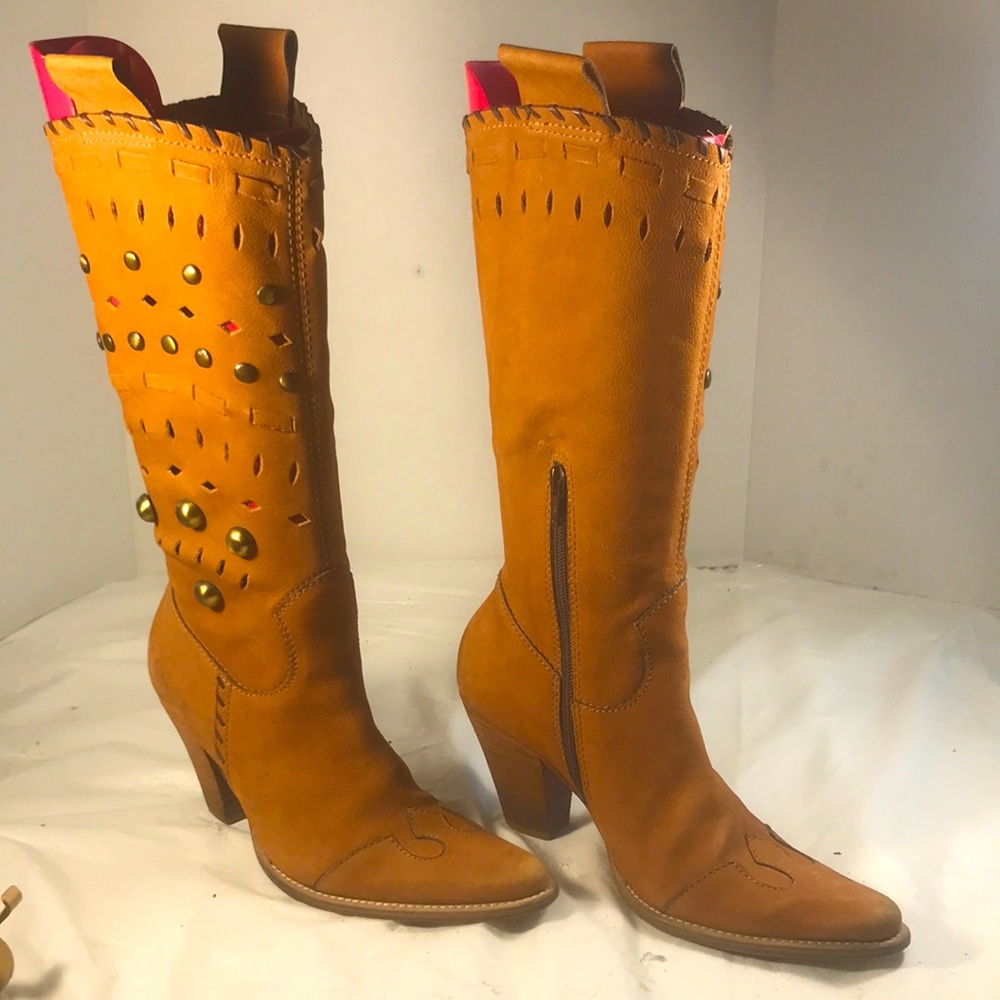 Woman’s Boutique 58 Tan Laser Cut Suede Golden Studded Western Soft Shaft Boots